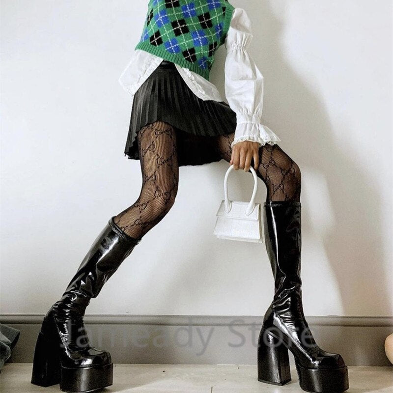 goosudu Punk Style Autumn Winter Boots Elastic Microfiber Shoes Woman Ankle Boots High Heels Black Thick Platform Long Knee High Boots