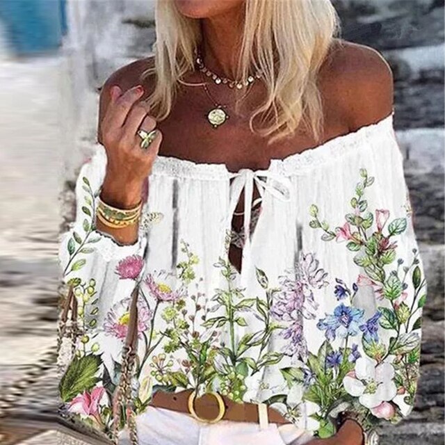 goosudu Elegant Lace-Up Tassel Chic Blouses Shirts  Summer Vintage Floral Print Boho Tops Women Sexy Off Shoulder Flare Sleeve Blusa