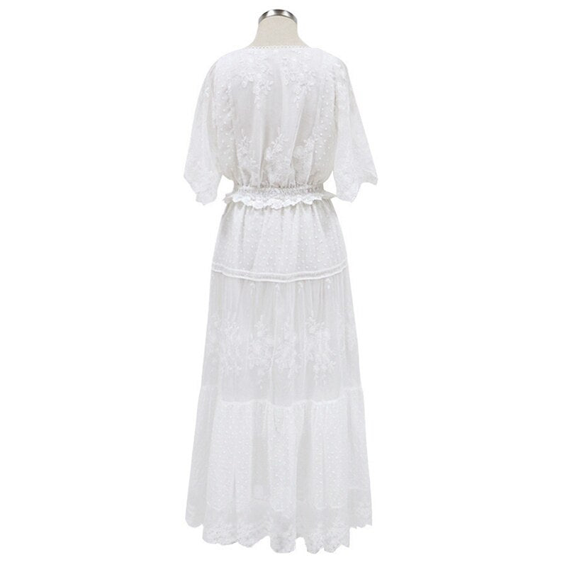 Hollow Out White Dress Sexy Women Long Lace Dress Cross Semi-Sheer Plunge V-Neck Short Sleeve Lace Maxi Dress