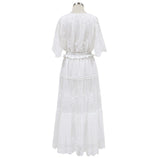 Hollow Out White Dress Sexy Women Long Lace Dress Cross Semi-Sheer Plunge V-Neck Short Sleeve Lace Maxi Dress