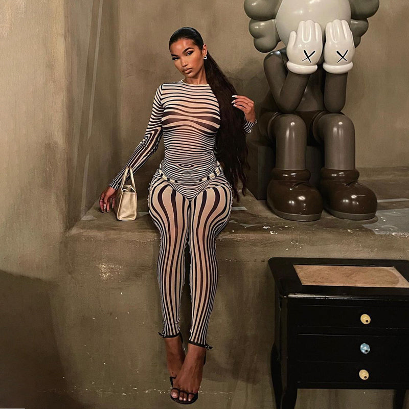 Goosudu Summer Fall Women Fashion Zebra Print See Through Long Sleeves Top Leggings 2 Pieces Set Sexy Y2K Streetwear Slim