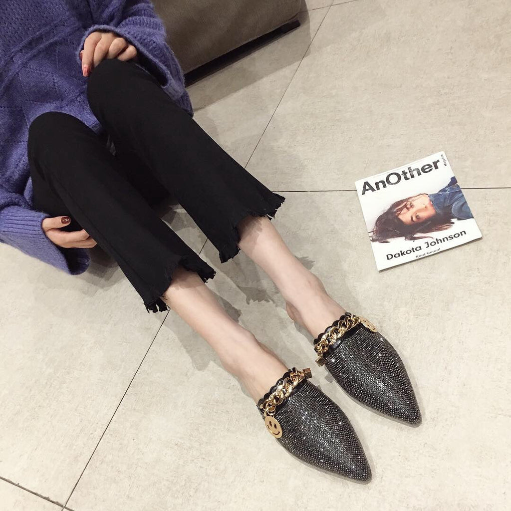 goosudu Women Mules Luxury Flats Fashion Loafers Designer Shoes Summer Slippers Pointed Toe Slides Slip on Wedding Casual Ladies Sandals