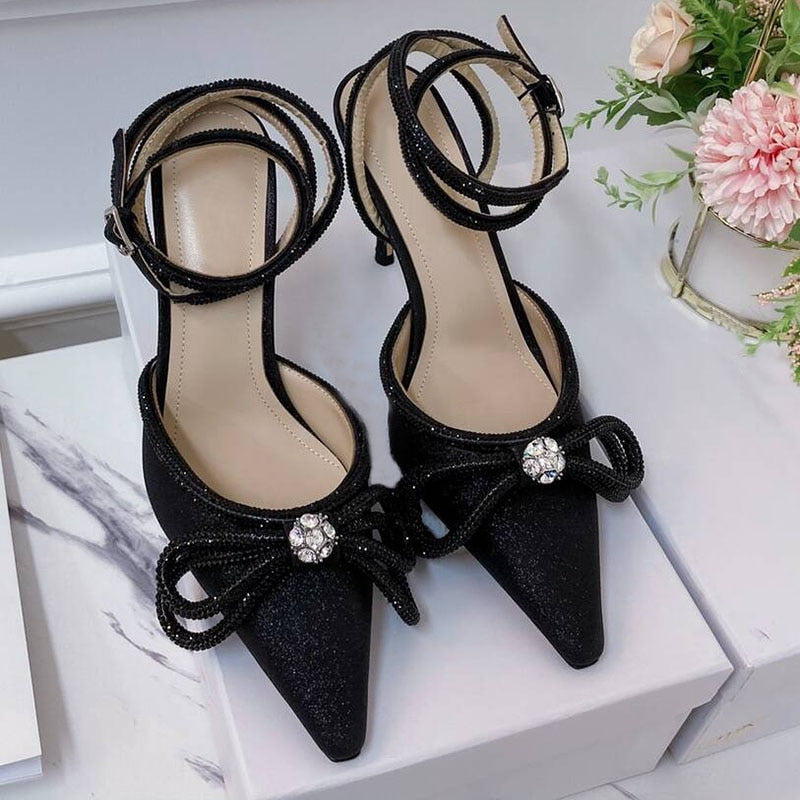 Summer Sexy Satin Slim Thin High Heel Bride Shoes Women Point Wrap Toe Crystal Sandals Ankle Buckle Luxury Wedding Shoes Mujer