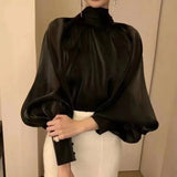 Designer Fashion Long Lantern Sleeve Women Blouses Bowknot Silky Summer Spring France Chic Shirts Blusas