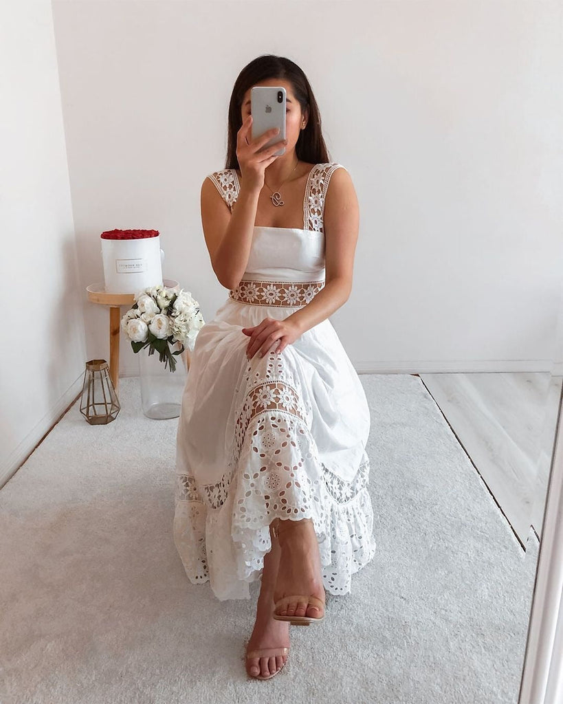 goosudu  Elegant Women's Dress Stitching Hollow Suspender Dresses Summer Women's Clothing  Solid Color Sleeveless Sexy Lace Dress