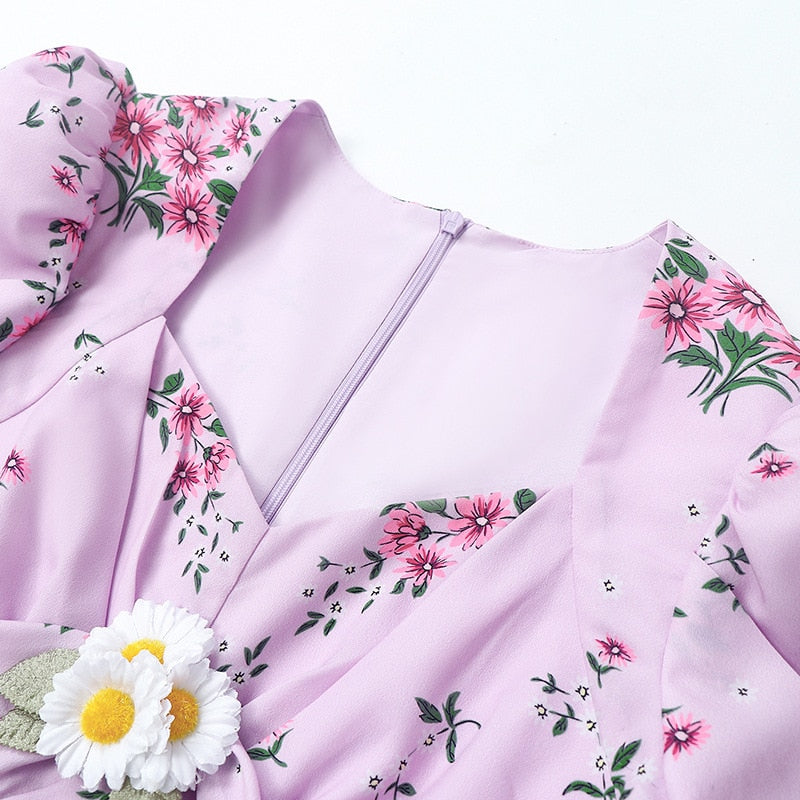 Retro Palace Pink Daisy Print Silk Party Dress Puff Sleeve Female Elegant Maxi Dresses Beach Women Square Collar Holiday Robe