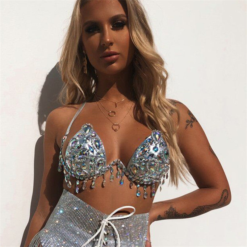 Fashion There 3 Piece Set Women Sexy Halter Shiny Diamante Bra Crop Top High Cut Short Tassel Bandage Skirt Clubwear 3 Pcs Set