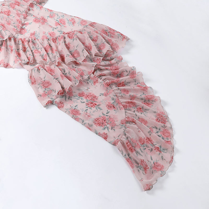 goosudu Fairy Dress Ruffled Breast Wrap Strap Dress Women's Spring Summer Midi Flower Halterneck  Boho Dress Beach Dress Sundress