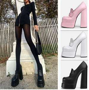goosudu Women High Heel Platform Hoof Heels Loafers Women Pumps New Square Toe Fashion Shoes Plus Size Shoes Sexy Dress Shoes
