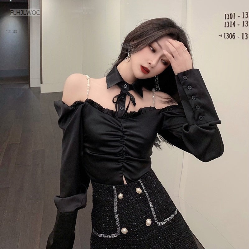 Goosudu Spring Women Fashion Off Shoulder Crop Tops Blusas Bling Beading Black Shirts Stand Collar Sexy Short Blouses