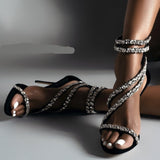 goosudu  Crystal Straps Women Sandals Back Zipper High Thin Heels Ankle Wrap Sandals Narrow Band Sweet Fashion Casual Party Female Pumps