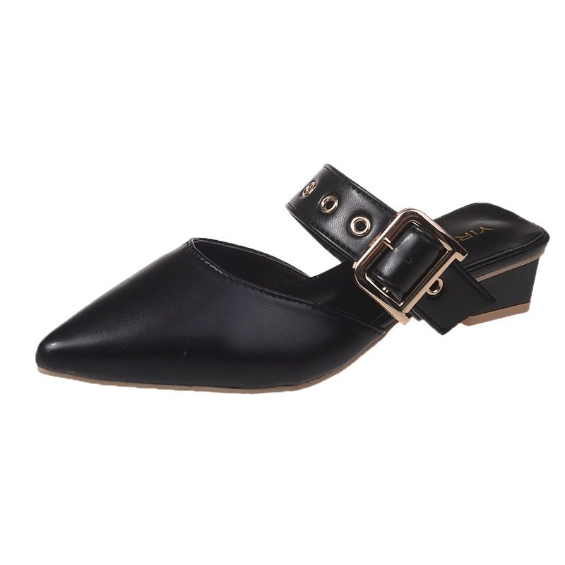 goosudu  Elegant Mules Women Closed Leather Casual Slippers Woman Metal Buckle High Heels Female Pointed Toe Shoes