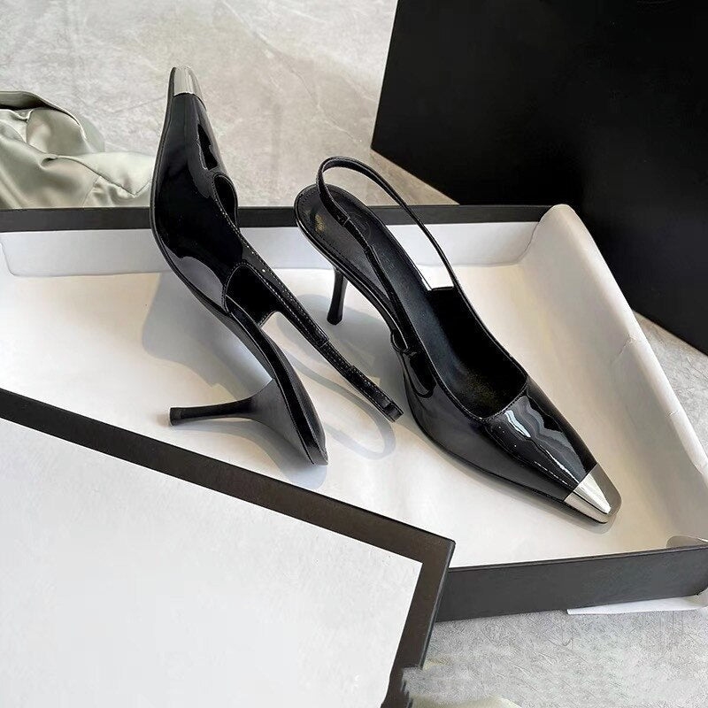 goosudu Star style Patent Leather Women Pumps Fashion Metal square toe High Heels Office Lady Shoes Spring Summer Slingback Female shoes