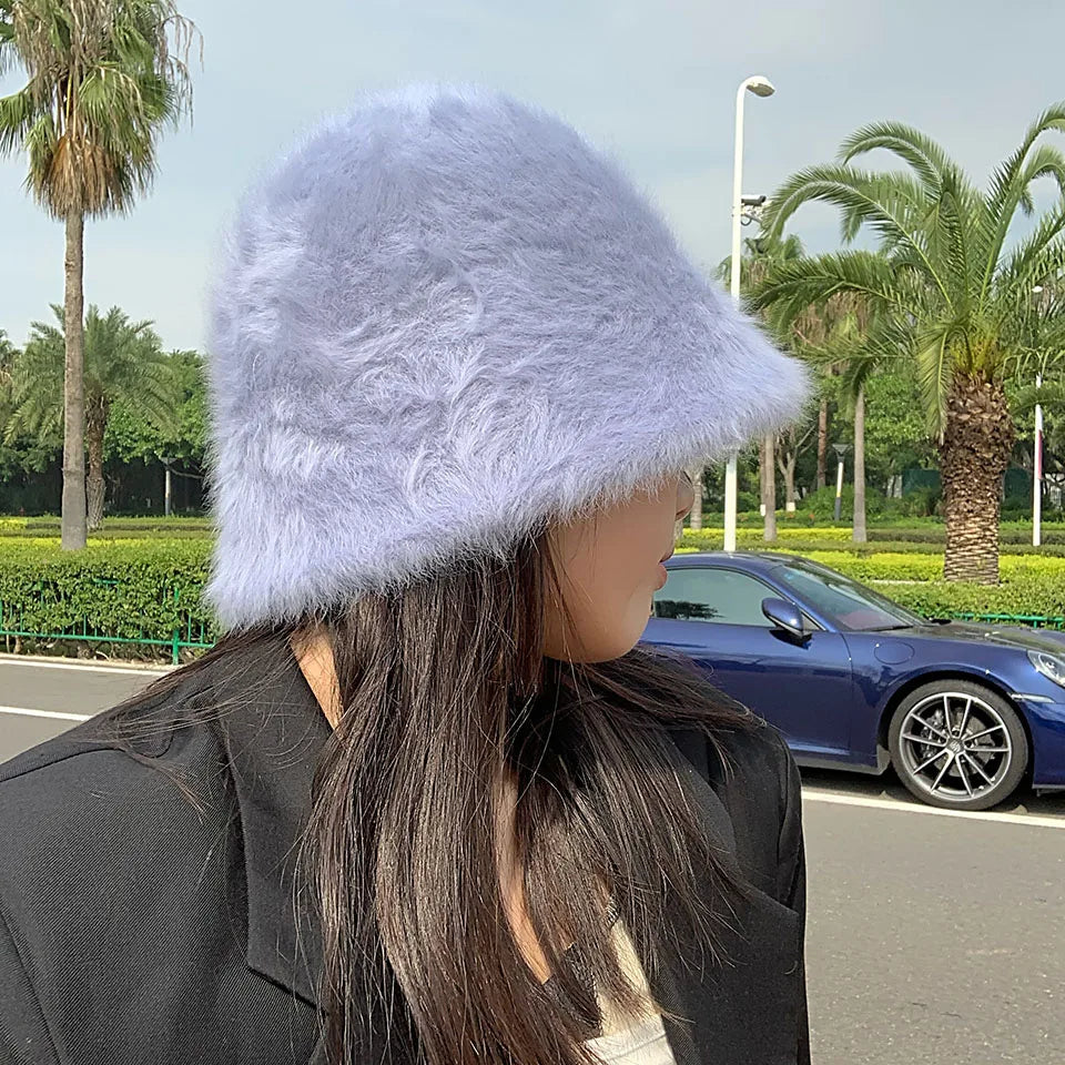 Hat winter women's fashion Solid color rabbit fur hat bucket cap  fisherman's hat retro knitted wool basin Bucket Hat