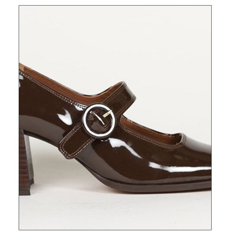 goosudu Woman‘s New Mary Janes Shoes Genuine Leather Shallow Square heel Pumps Buckle Strap Round Toe Lady Footwear