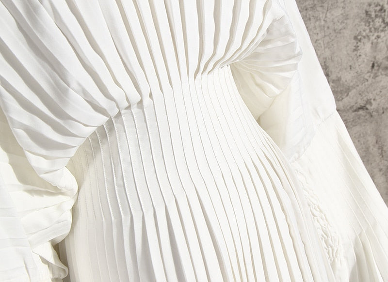 goosudu Vintage Pleated Dress Women Flare Long Sleeve V Neck Dresses Female Fashion Clothes Spring Summer New