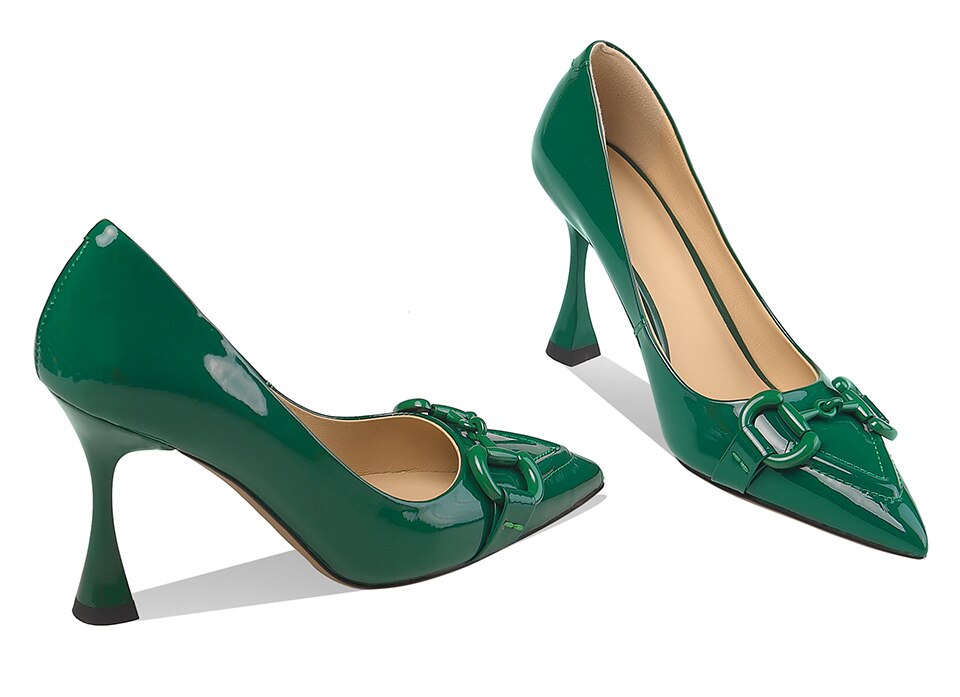 goosudu  Pumps Women Genuine Leather Pointed Toe Emerald Green Stiletto High Heels Spring Bride Shoes Party Wedding Shoes