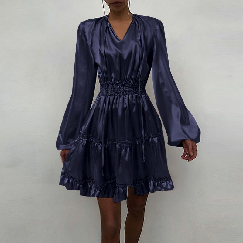 goosudu Women Silk Dress Celmia Satin Mini Robe Summer Elegant Party Wrap Evening Dress Long Lantern Sleeve V Neck Solid Vestidos