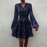 goosudu Women Silk Dress Celmia Satin Mini Robe Summer Elegant Party Wrap Evening Dress Long Lantern Sleeve V Neck Solid Vestidos