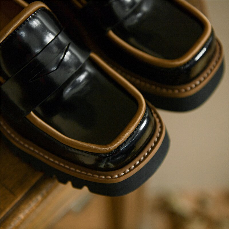 goosudu Spring Genuine Leather Slip-On Platform Shoes Ins Casual Loafers Square Toe Chunky Heel Women Shoes Zapatos De Mujer Pumps