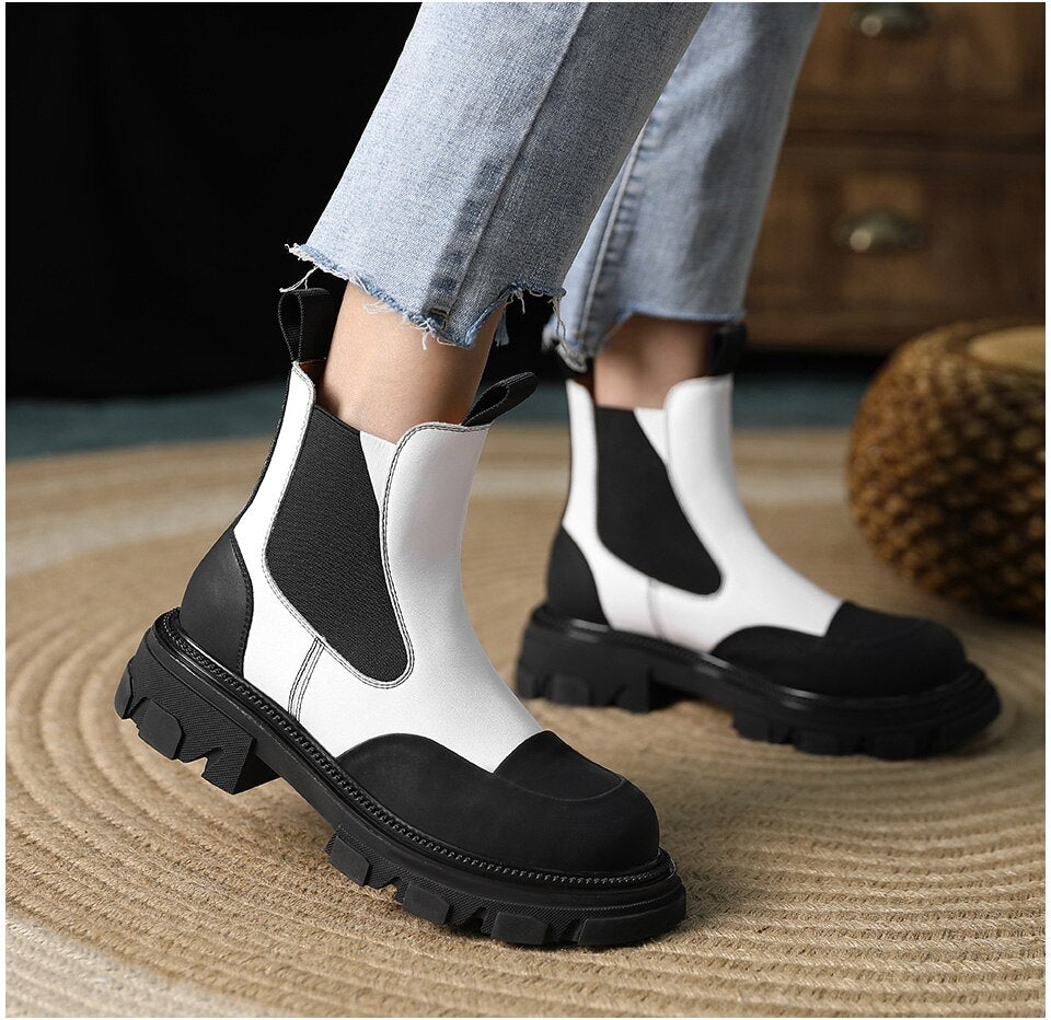 goosudu  Chelsea Boots Women Genuine Leather Ankle Boots Platform Shoes Female Fashion Mixed Colors Booties