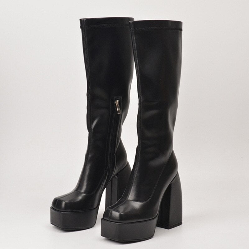 goosudu Punk Style Autumn Winter Boots Elastic Microfiber Shoes Woman Ankle Boots High Heels Black Thick Platform Long Knee High Boots