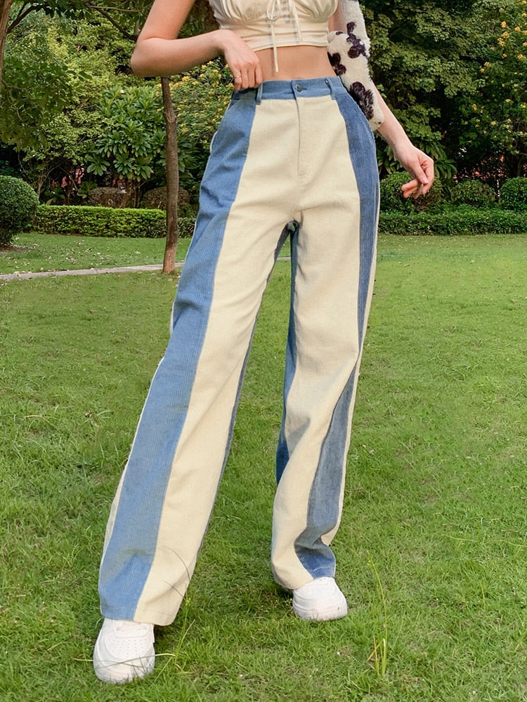 goosudu  Patchwork Casual Corduroy High Waist Pants 2000s Aesthetic Autumn Warm Long Trousers Skinny Streetwear Sweatpants 90s