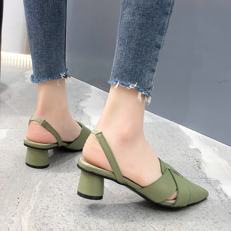 goosudu  Summer Pointed Toe Sandals Women Fashion High Quality Beige Square Heel Shoes Casual Sweet Party Yellow High Heels Plus Size 42