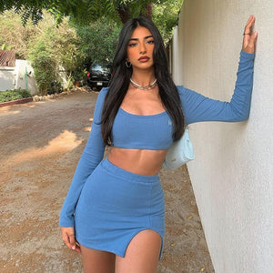goosudu   Long Sleeves Solid Navel Low Neck Bodycon Top Sexy Mini Dress Set Summer Women Fashion Streetwear Outfits Y2K