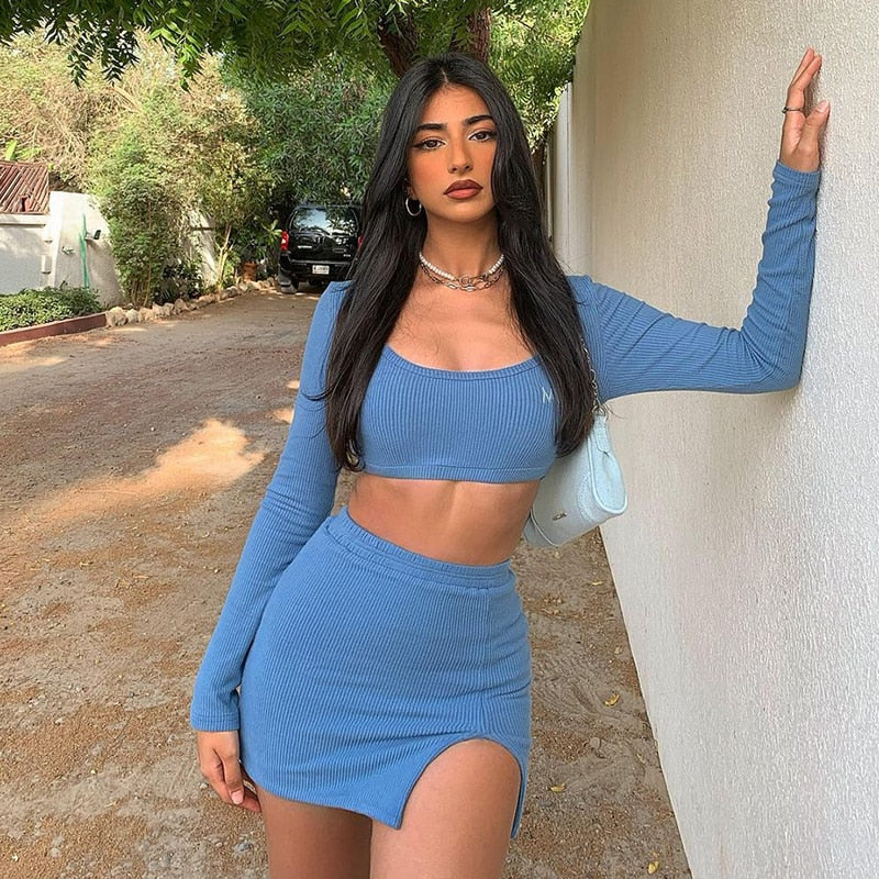 goosudu   Long Sleeves Solid Navel Low Neck Bodycon Top Sexy Mini Dress Set Summer Women Fashion Streetwear Outfits Y2K