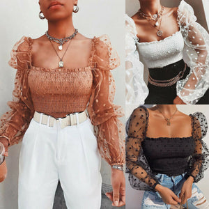 Sexy Women Wrinkled Backless Blouse Shirt Mesh Sheer Puff Sleeve Wrap Chest Tops Spring Summer Ladies Dots Blouse