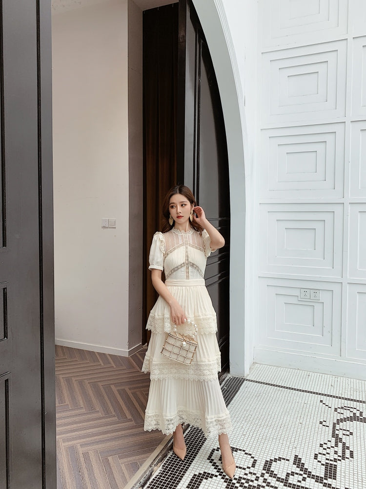 goosudu Summer Self Portrait Beige Pleated Dress Women Short Sleeve Lace Patchwork Cascading Ruffles Long Dress Female Layer Cake Dress
