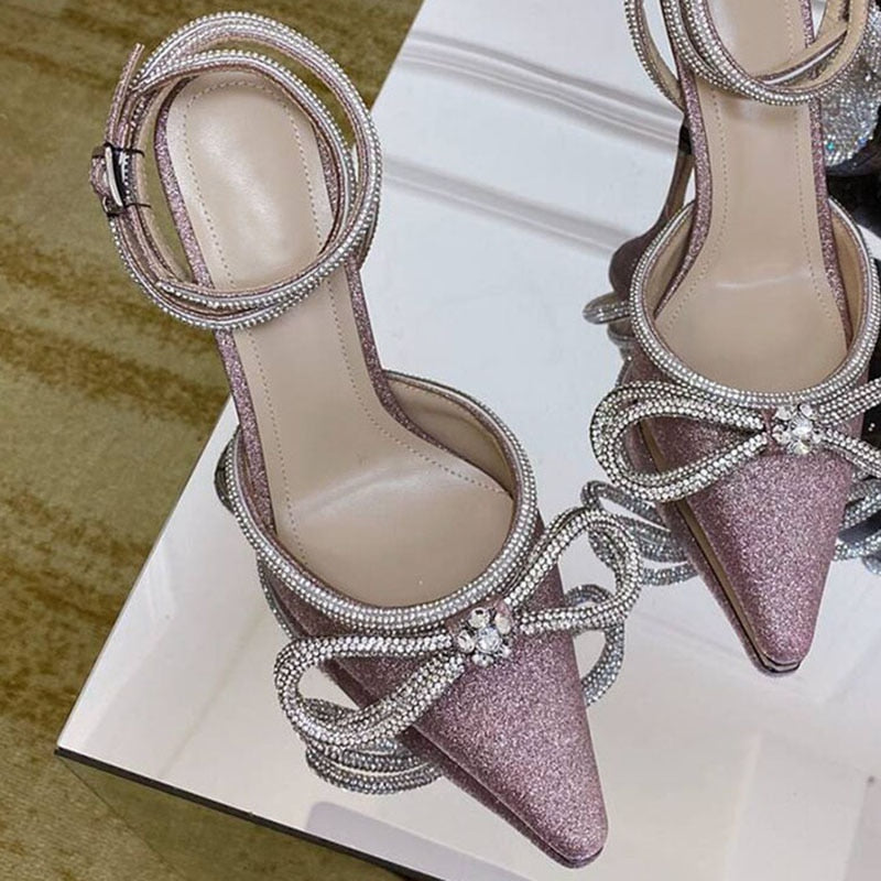 Summer Sexy Satin Slim Thin High Heel Bride Shoes Women Point Wrap Toe Crystal Sandals Ankle Buckle Luxury Wedding Shoes Mujer