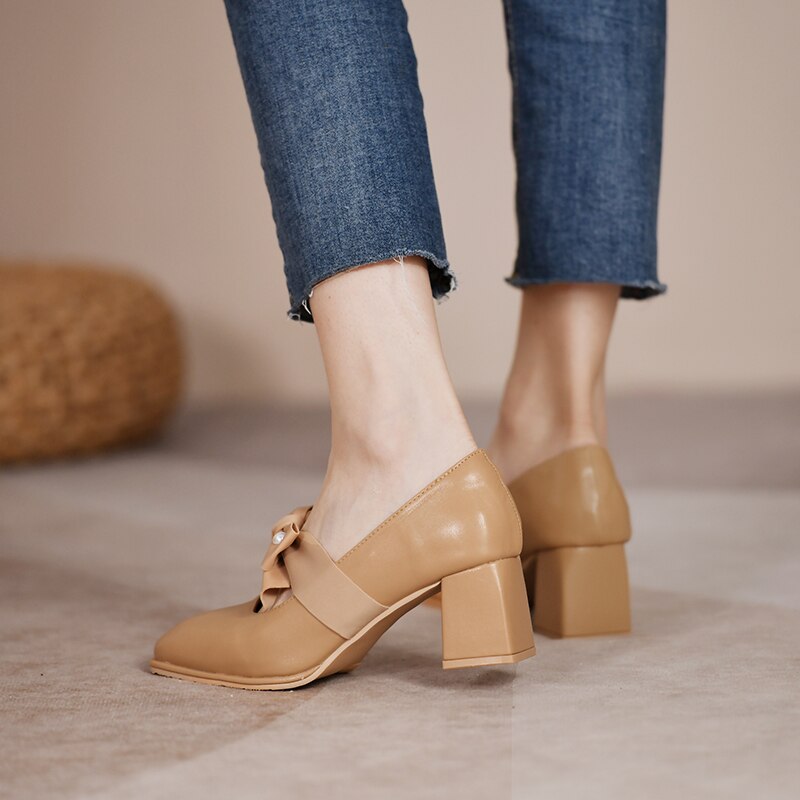 goosudu Chunky Sweet Women Shoes Spring High Heels Bow Woman Shoes Luxury Brand Shallow Pumps Party Lady Shoes Dress Mujer Zapatos