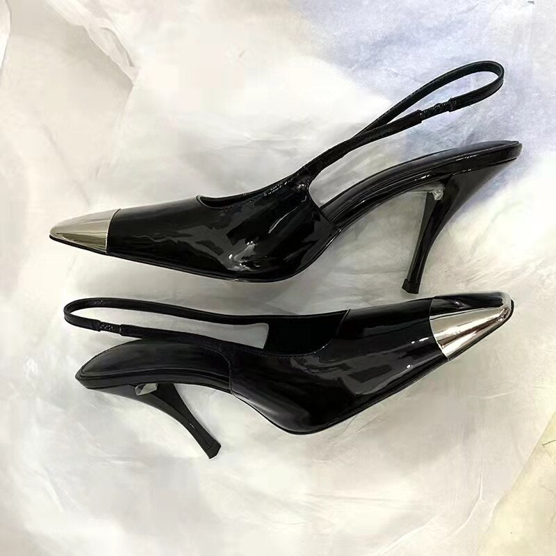 goosudu Star style Patent Leather Women Pumps Fashion Metal square toe High Heels Office Lady Shoes Spring Summer Slingback Female shoes