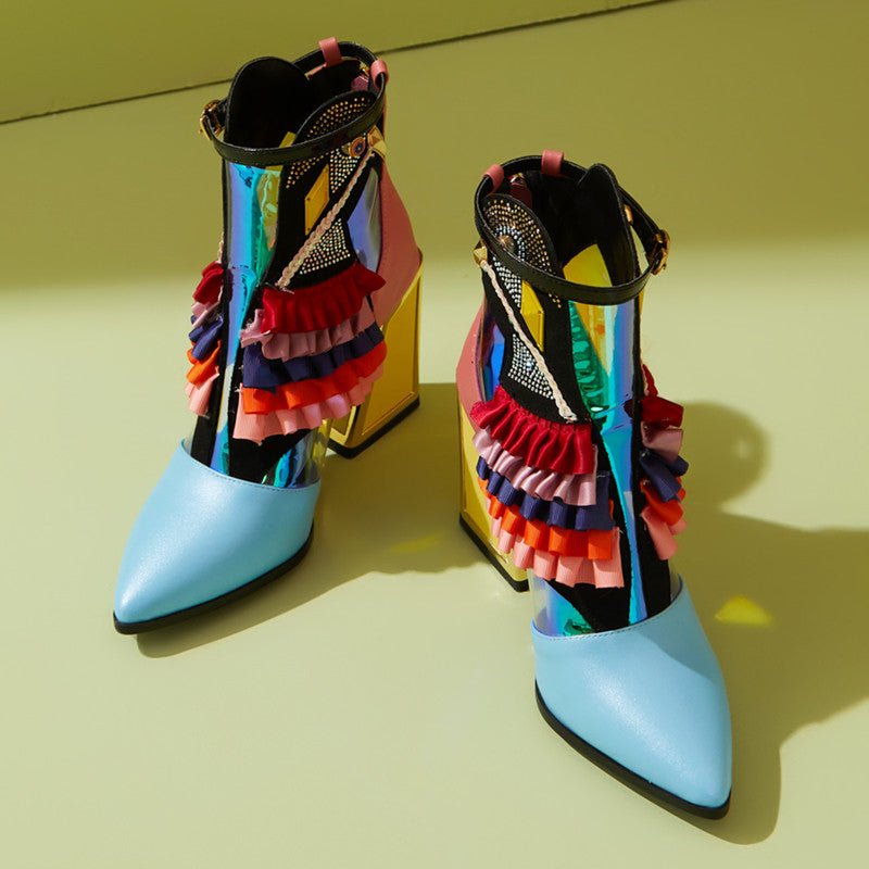 goosudu High Heel Ankle Boots Bling Bling Novelty Heels Ruffles Party Short Boots For Women Pointed Toe Modern Runway Heel Shoes Ethnic