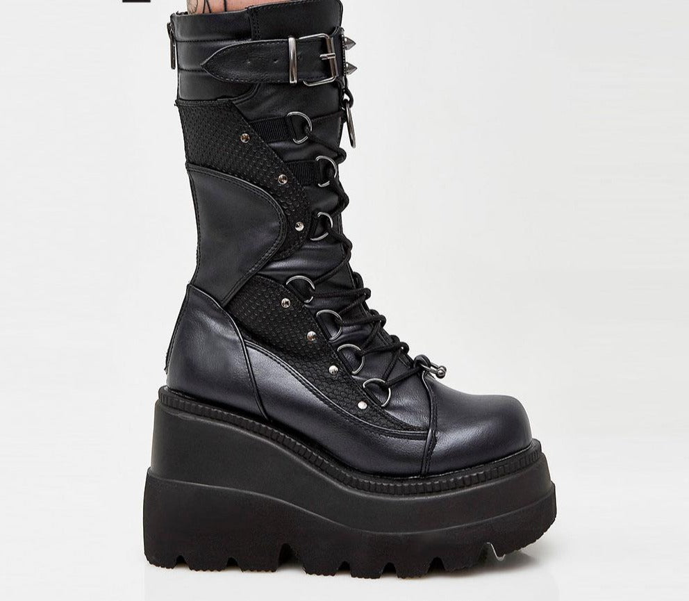 goosudu Big Size 35-43 Brand Design Ladies High Platform Boots Fashion Rivet Goth High Heels Boots Women Cosplay Wedges Punk Shoes Woman