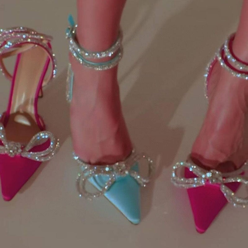 Summer Sexy Satin Slim Thin High Heel Bride Shoes Women Point Wrap Toe Crystal Sandals Ankle Buckle Luxury Wedding Shoes Mujer