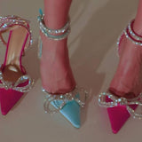 Summer Sexy Satin Slim Thin High Heel Bride Shoes Women Point Wrap Toe Crystal Sandals Ankle Buckle Luxury Wedding Shoes Mujer