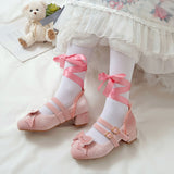 Woman's Med Heel Lolita Shoes Flock PU Leather Cute Bow Mary Jane Pumps Bride Wedding Cosplay Party Red Pink Black Size 34-43