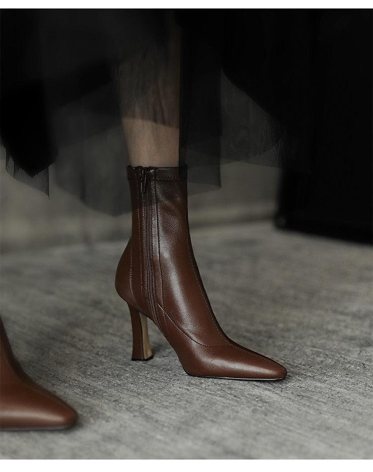 goosudu High Heels Dress Shoes Pointed Toe Bare Boots Black Booties Thin Heeled Fashion Ankle Boots Retro Ladies Shoes Botas