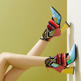 goosudu High Heel Ankle Boots Bling Bling Novelty Heels Ruffles Party Short Boots For Women Pointed Toe Modern Runway Heel Shoes Ethnic