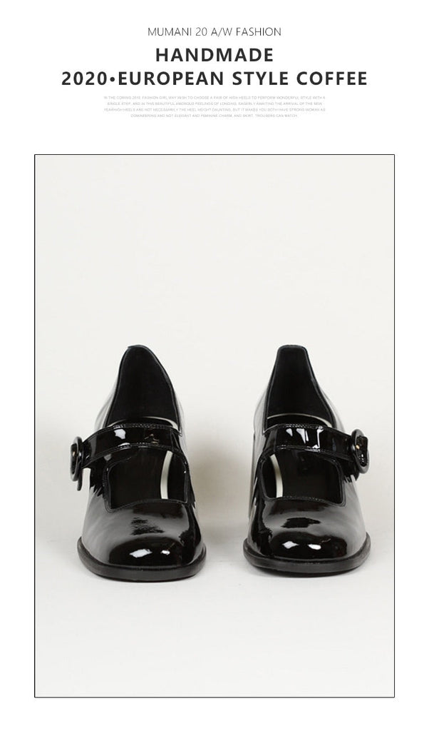 goosudu Woman‘s New Mary Janes Shoes Genuine Leather Shallow Square heel Pumps Buckle Strap Round Toe Lady Footwear