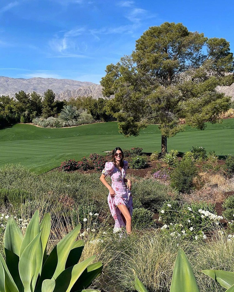 Retro Palace Pink Daisy Print Silk Party Dress Puff Sleeve Female Elegant Maxi Dresses Beach Women Square Collar Holiday Robe