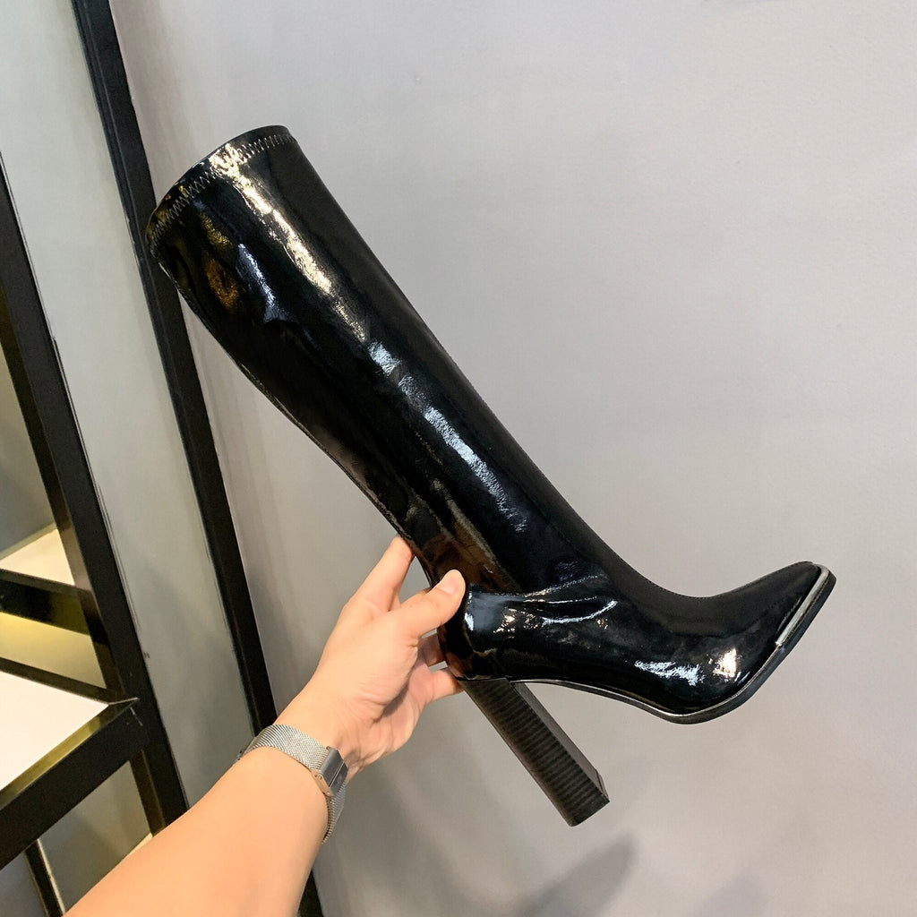goosudu Kendall style Women motorcyle boots Fashion Square toe Knee high boots Autumn Winter Warm patent leather High heels boots shoes