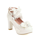 Super High Heeled Sweet Lolita Gothic Style Cosplay Shoes Girls Lovely Bow Tie Fur Ball Women Pumps Lace Cross Strap
