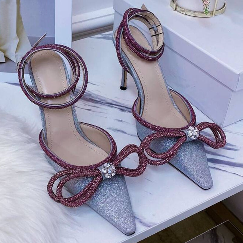 Summer Sexy Satin Slim Thin High Heel Bride Shoes Women Point Wrap Toe Crystal Sandals Ankle Buckle Luxury Wedding Shoes Mujer