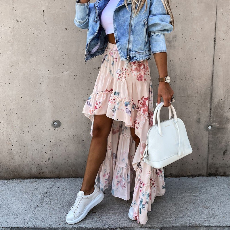 Goosudu Bohemian Women Long Skirt Asymmetrical Beach Style Floral Printed High Waist Ladies Casual Skirt Ins Skirts Faldas Spring
