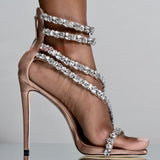 goosudu  Crystal Straps Women Sandals Back Zipper High Thin Heels Ankle Wrap Sandals Narrow Band Sweet Fashion Casual Party Female Pumps