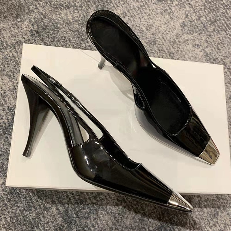 goosudu Star style Patent Leather Women Pumps Fashion Metal square toe High Heels Office Lady Shoes Spring Summer Slingback Female shoes